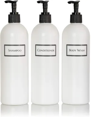 Silkscreened Empty Shower Bottle Set for Shampoo, Conditioner, and Body Wash, Cosmo/Bullet 16 oz 3-pack, White (Black Pumps)