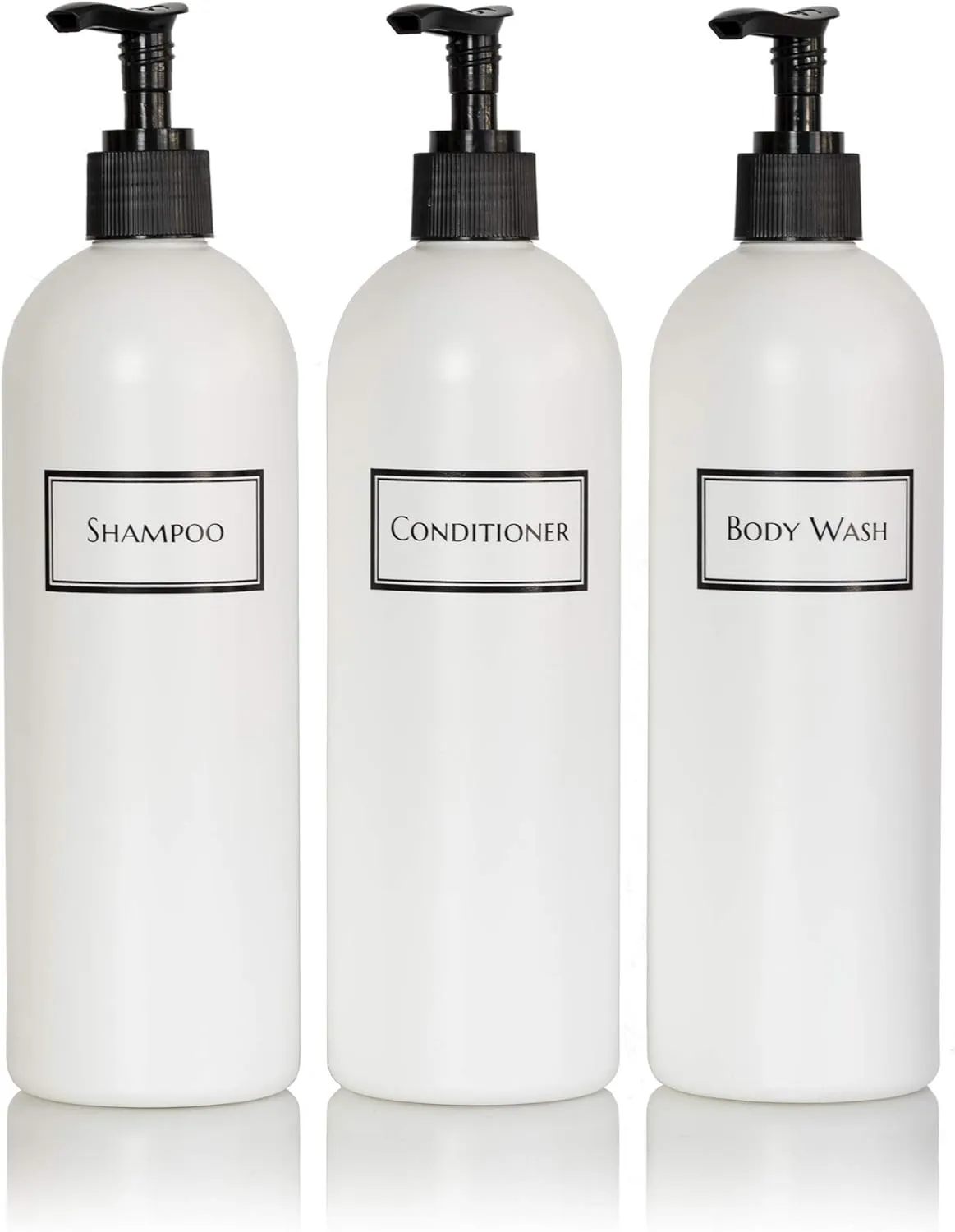 Silkscreened Empty Shower Bottle Set for Shampoo, Conditioner, and Body Wash, Cosmo/Bullet 16 oz 3-pack, White (Black Pumps)