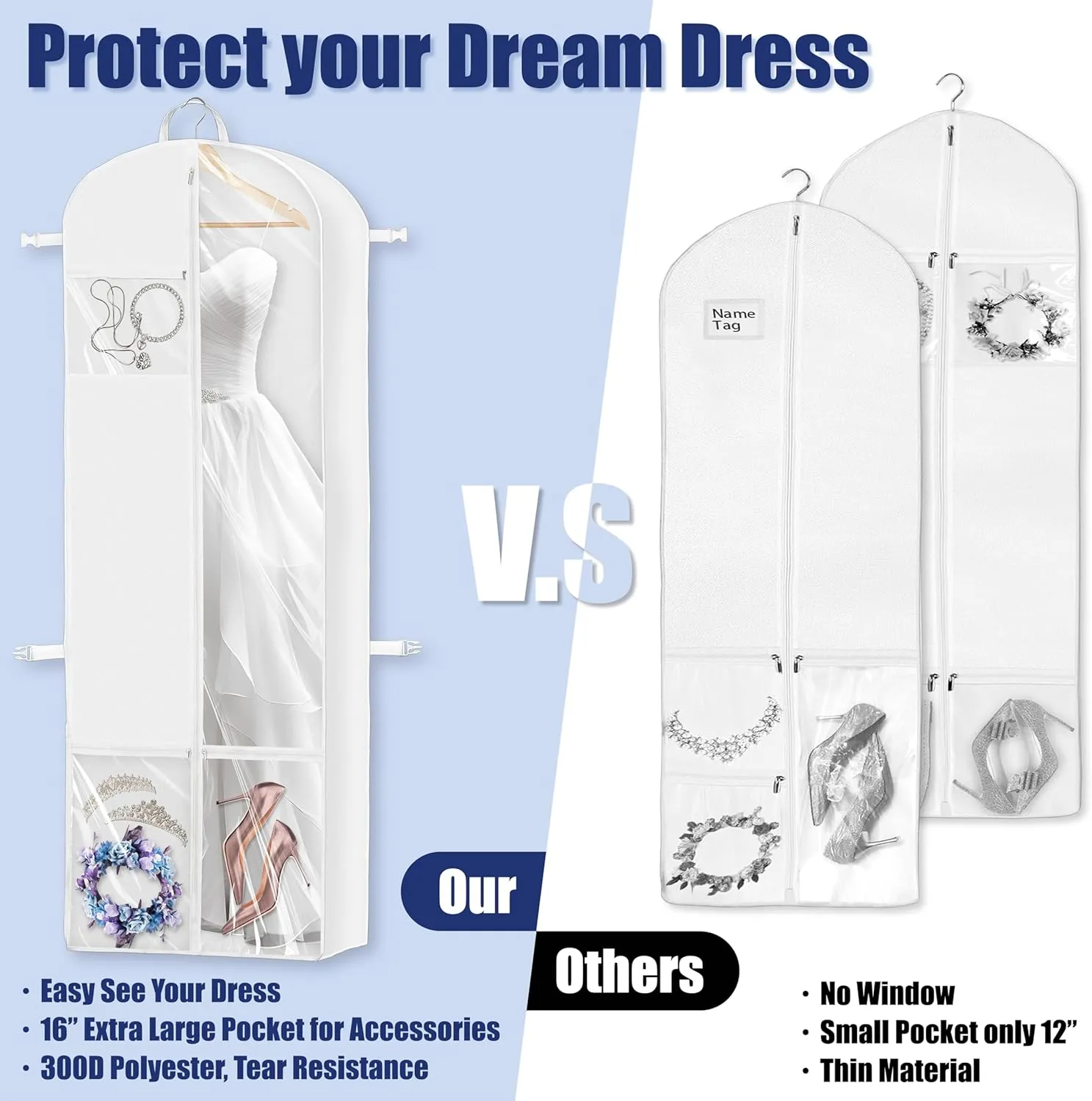 Simple Houseware 70-Inch Long, 8-Inch Gusseted Wedding Dress Garment Bag with Pockets, White