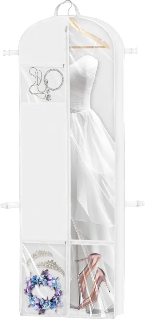 Simple Houseware 70-Inch Long, 8-Inch Gusseted Wedding Dress Garment Bag with Pockets, White