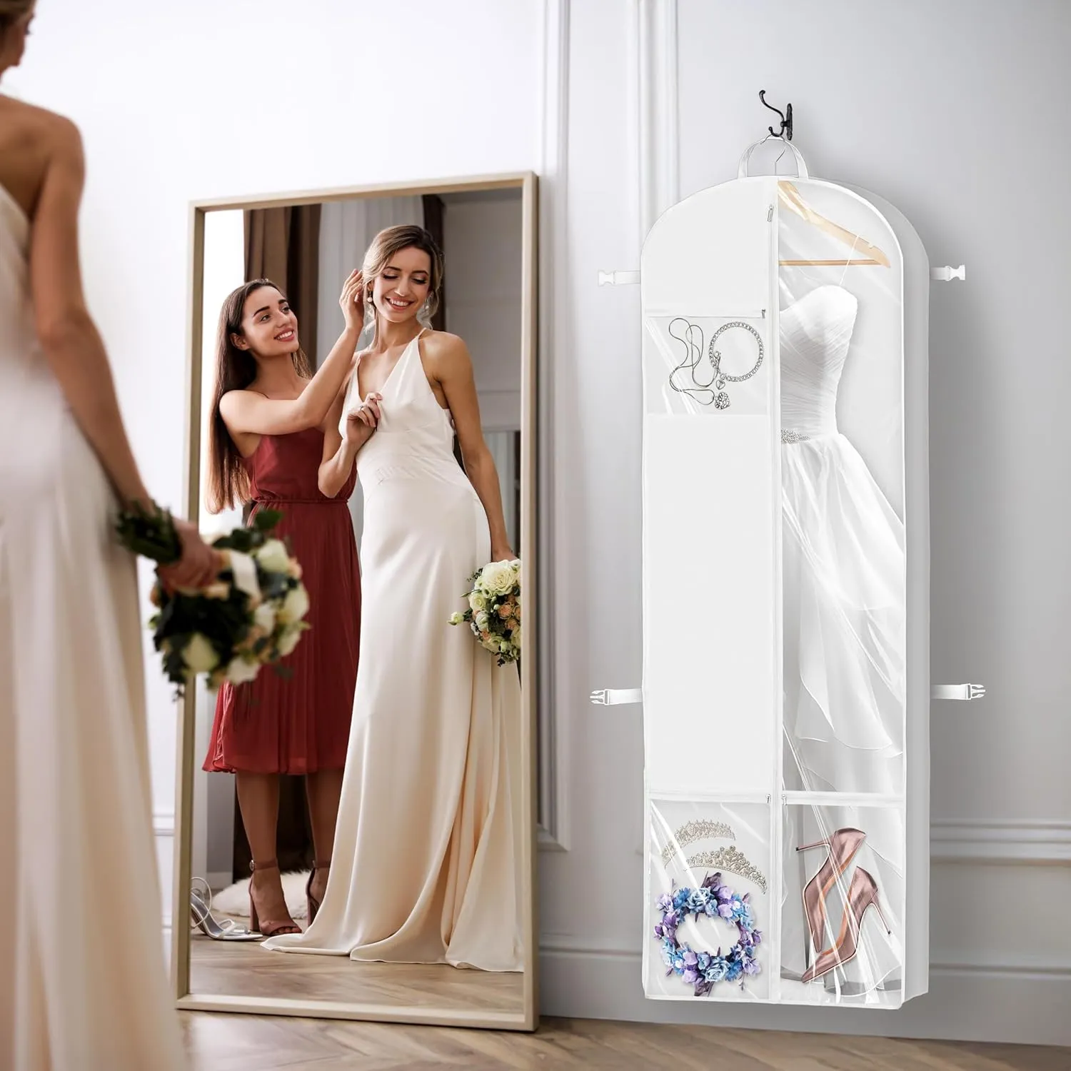 Simple Houseware 70-Inch Long, 8-Inch Gusseted Wedding Dress Garment Bag with Pockets, White