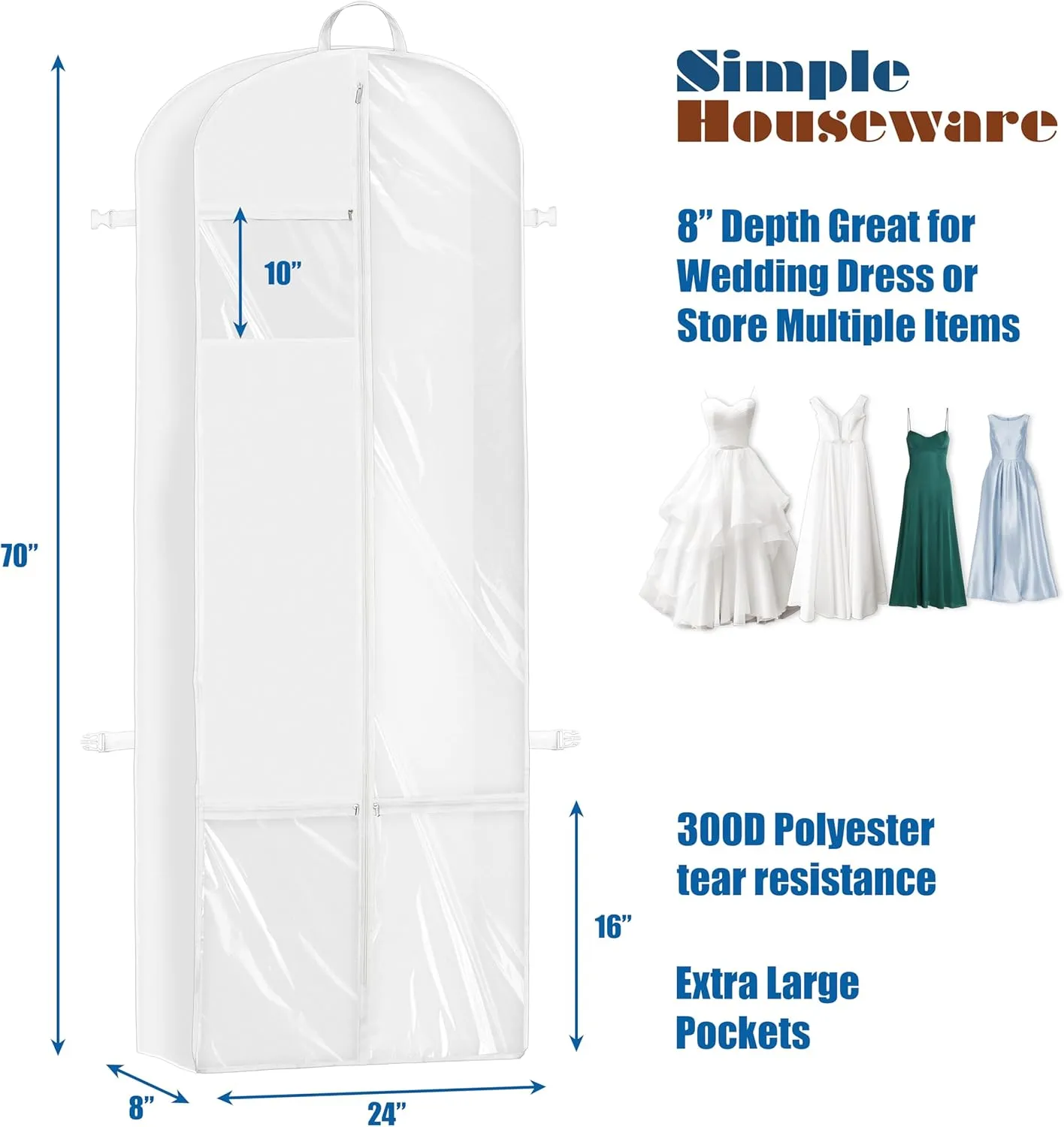 Simple Houseware 70-Inch Long, 8-Inch Gusseted Wedding Dress Garment Bag with Pockets, White