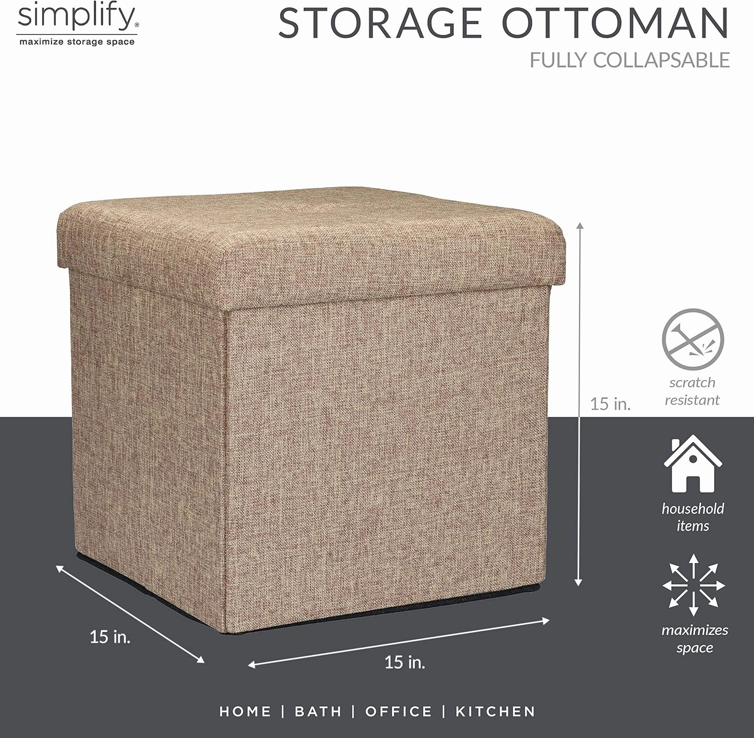 Simplify Faux Linen Folding Storage Ottoman | Single | Collapsible | Tufted Padded Seating | Foot Rest | Bench | Natural