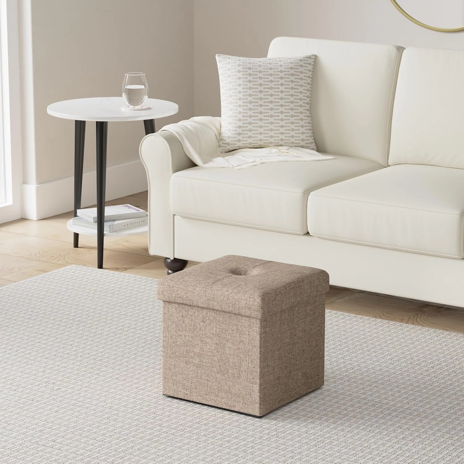 Simplify Faux Linen Folding Storage Ottoman | Single | Collapsible | Tufted Padded Seating | Foot Rest | Bench | Natural