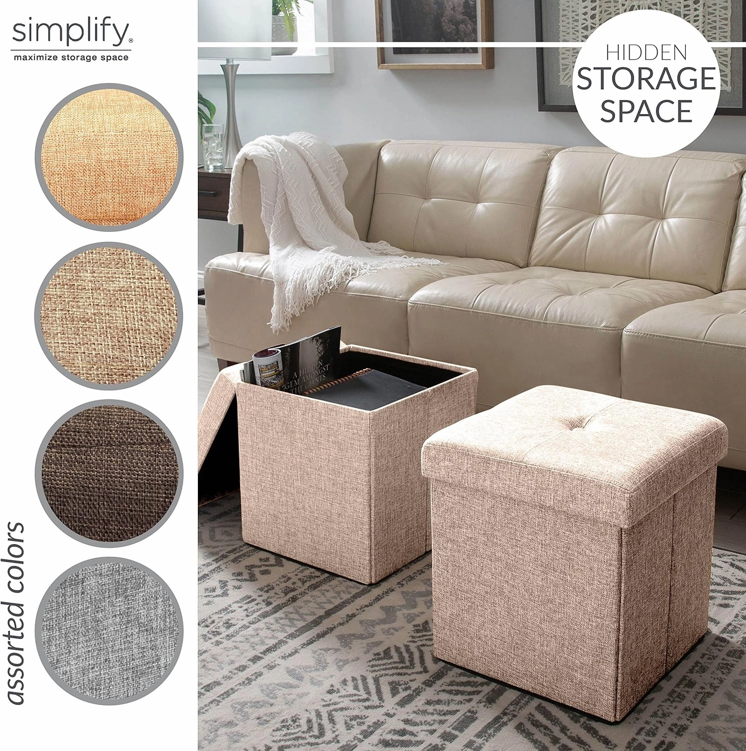 Simplify Faux Linen Folding Storage Ottoman | Single | Collapsible | Tufted Padded Seating | Foot Rest | Bench | Natural