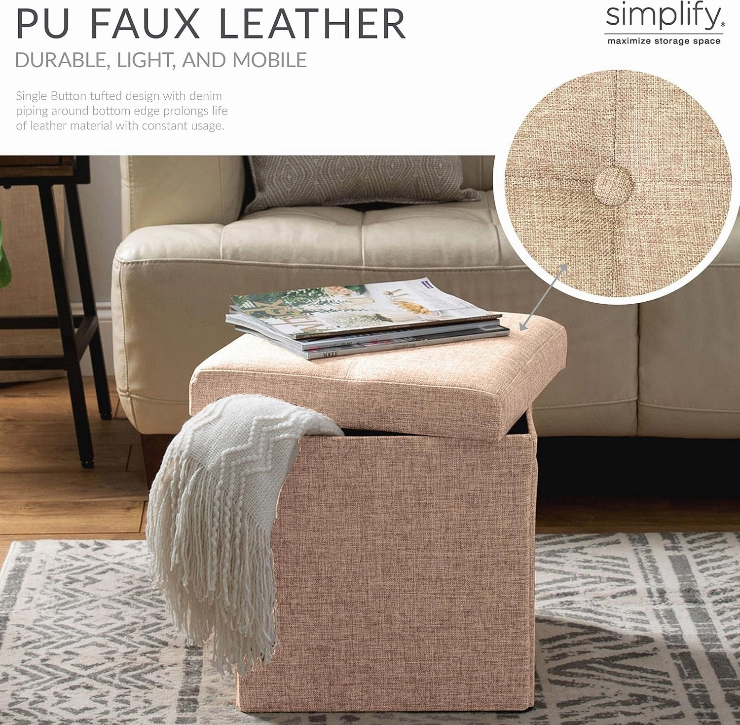 Simplify Faux Linen Folding Storage Ottoman | Single | Collapsible | Tufted Padded Seating | Foot Rest | Bench | Natural
