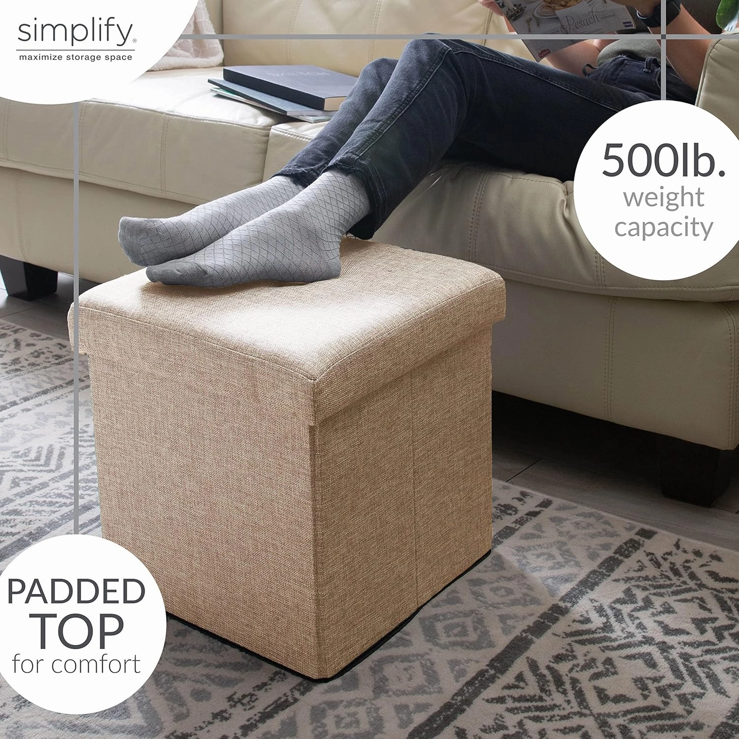Simplify Faux Linen Folding Storage Ottoman | Single | Collapsible | Tufted Padded Seating | Foot Rest | Bench | Natural
