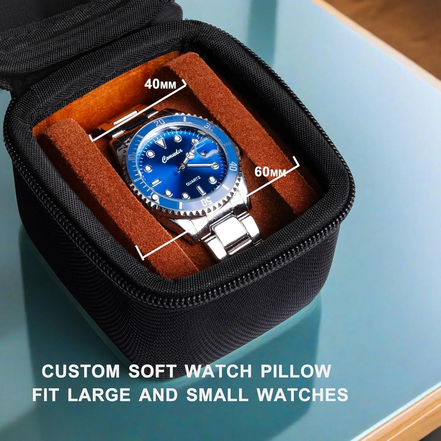 single watch case, 1 slots watch travel case, with form-fitiing watch pillow, compartment for jewelry organizer