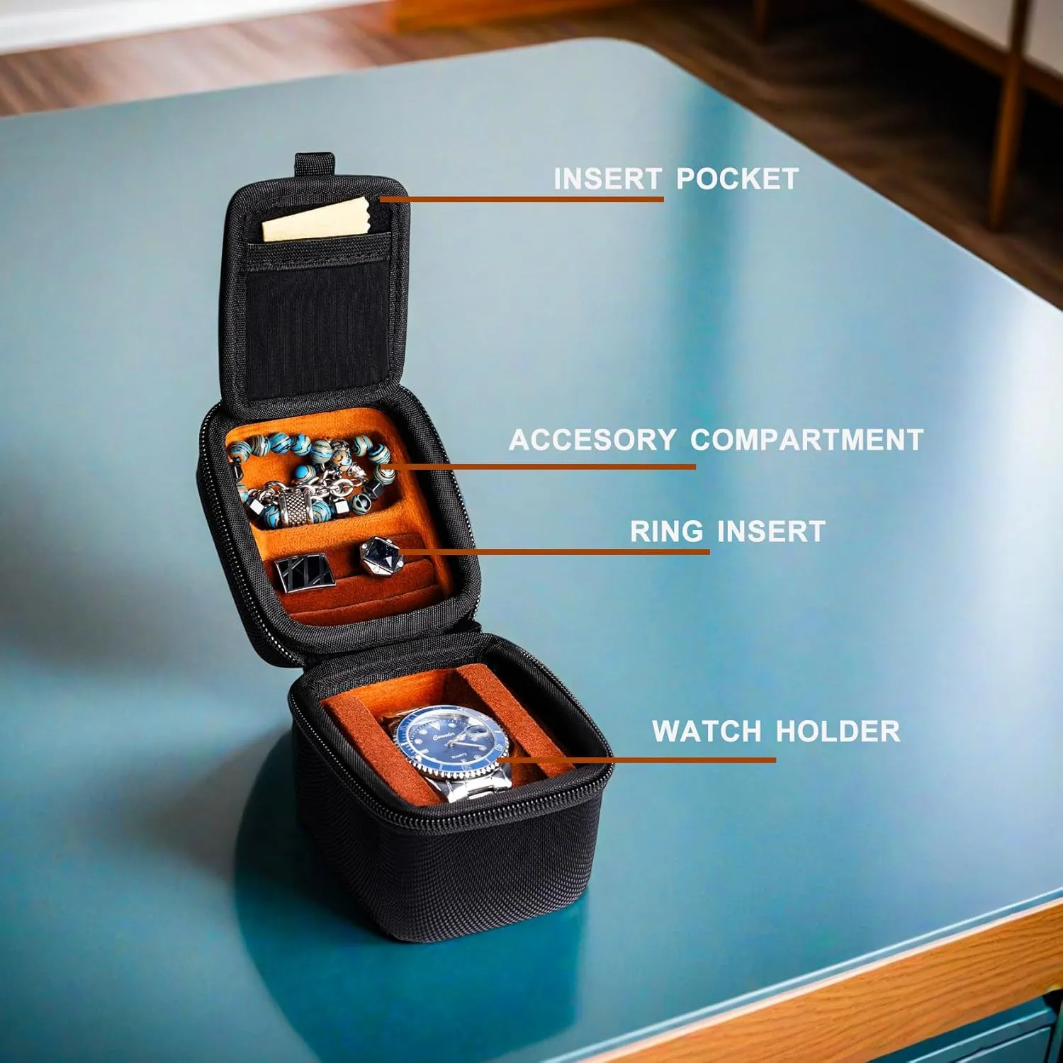 single watch case, 1 slots watch travel case, with form-fitiing watch pillow, compartment for jewelry organizer
