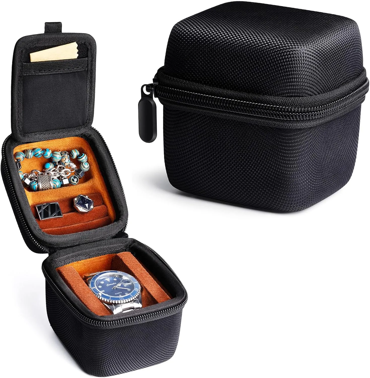 single watch case, 1 slots watch travel case, with form-fitiing watch pillow, compartment for jewelry organizer