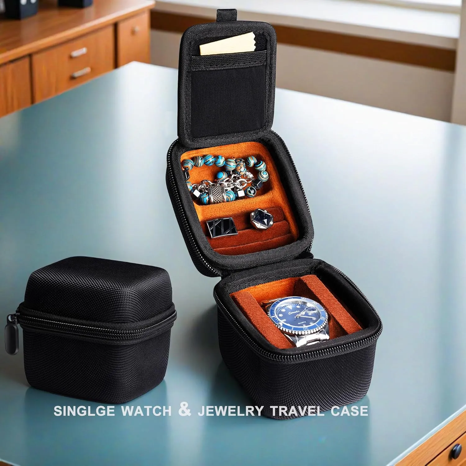 single watch case, 1 slots watch travel case, with form-fitiing watch pillow, compartment for jewelry organizer