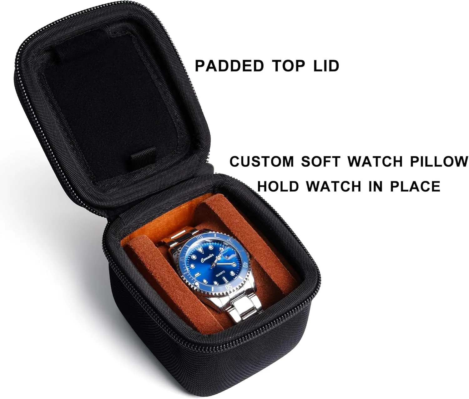 single watch case, 1 slots watch travel case, with form-fitiing watch pillow, compartment for jewelry organizer