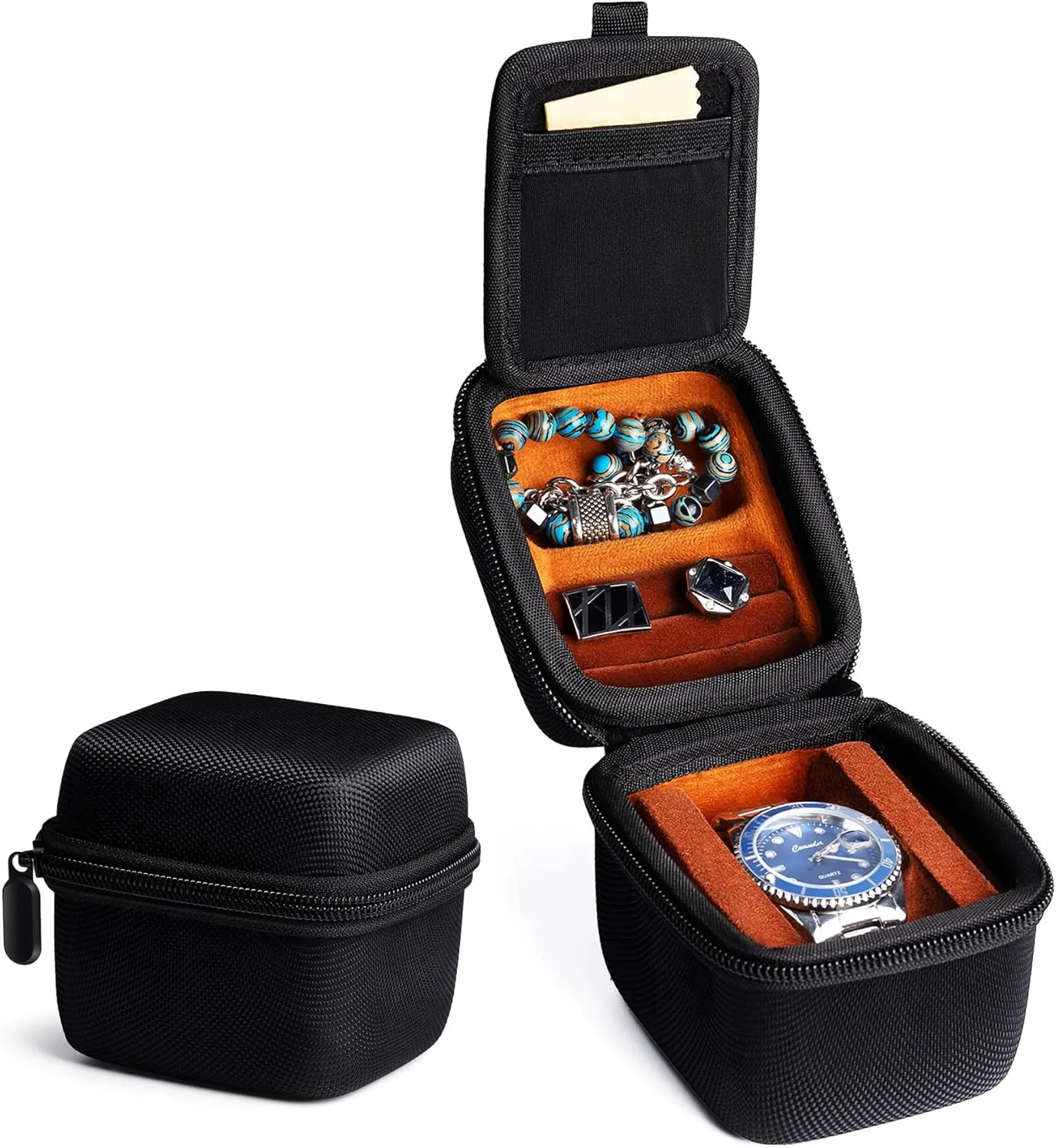single watch case, 1 slots watch travel case, with form-fitiing watch pillow, compartment for jewelry organizer