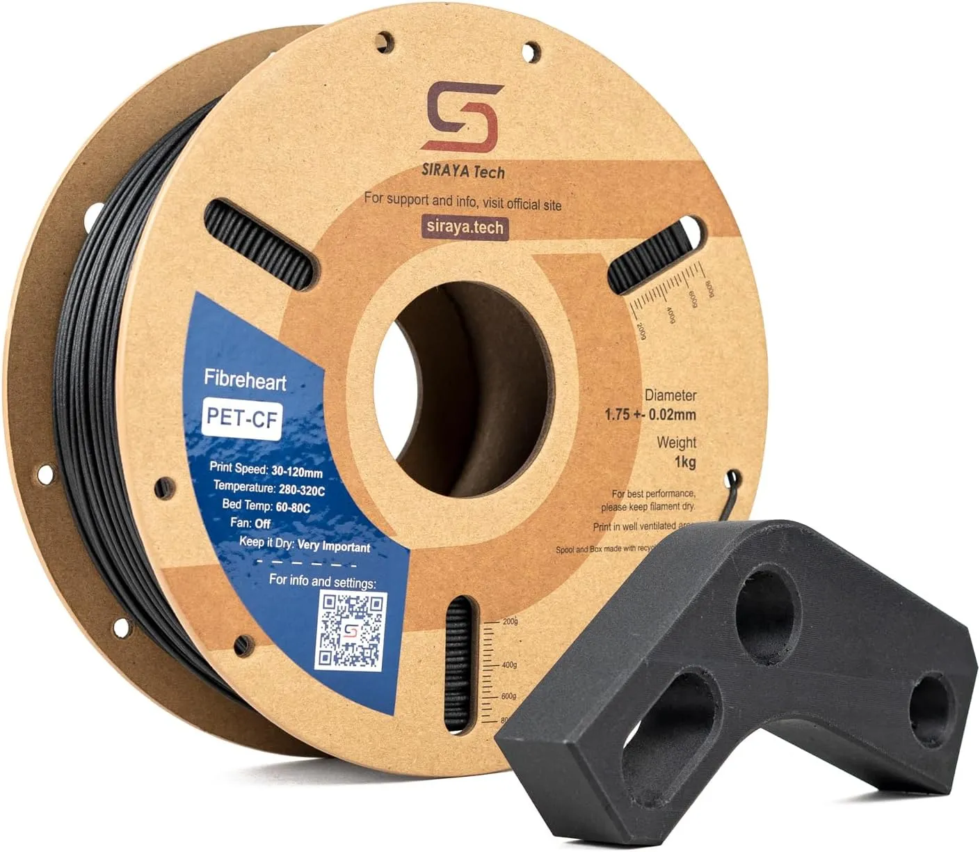 Siraya Tech Fibreheart PET-CF 3D Filament - Carbon Fiber Reinforced, High Strength & Rigidity, Easy Print, Dimensionally Stable, Aluminum Foil Sealed Bag - for Strong and Precise Parts (Black, 1kg)