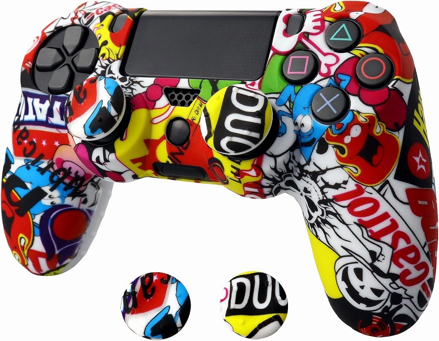 Skin for Ps4 Controller, Anti-Slip Silicone Shell Cover Case with 2pcs Thumb Grip Caps for PS4/ Slim/Pro Dualshock 4 Controller Wireless Gamepad (Colorful Graffiti)