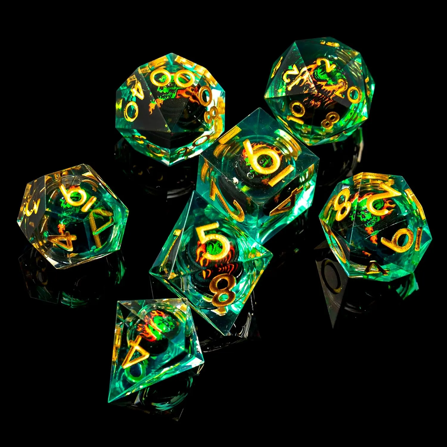 Skull DND Dice Set, Sharp Edged Resin Dice Set for Dungeons and Dragons, 7pcs RPG Polyhedral D&D Dice, MTG Role Playing Dice D20 D12 D10 D8 D6 D4 with Gift Box(Green Gold)