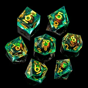 Skull DND Dice Set, Sharp Edged Resin Dice Set for Dungeons and Dragons, 7pcs RPG Polyhedral D&D Dice, MTG Role Playing Dice D20 D12 D10 D8 D6 D4 with Gift Box(Green Gold)