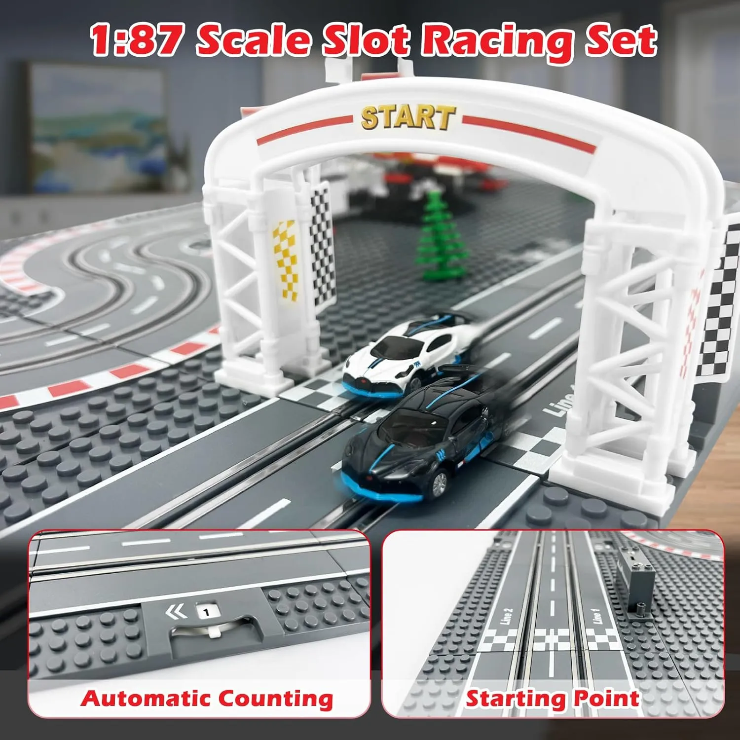 Slot Car Race Track Set with 2 High-Speed Slot Cars, 2 Speed Controllers & 1:87 Block-Building Baseplate – Compatible with Building Blocks for Custom DIY Racetrack, Gift for Boy Ages 8 ​