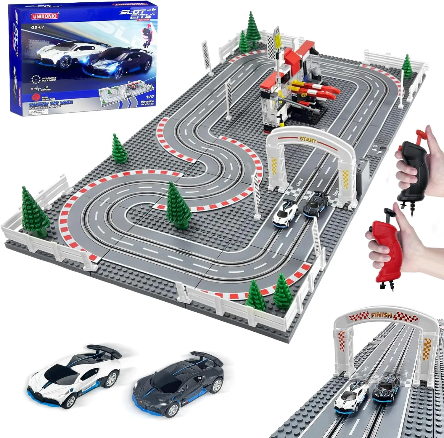 Slot Car Race Track Set with 2 High-Speed Slot Cars, 2 Speed Controllers & 1:87 Block-Building Baseplate – Compatible with Building Blocks for Custom DIY Racetrack, Gift for Boy Ages 8 ​