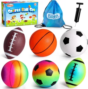Small Sports Balls for Toddler Pack of 6, 2 Each of 5" Football, Basketball, Soccer for Playground, Toy Balls Inflatable Multi-Sport Ball Set with 1 Pump for Indoor and Outdoor Activities
