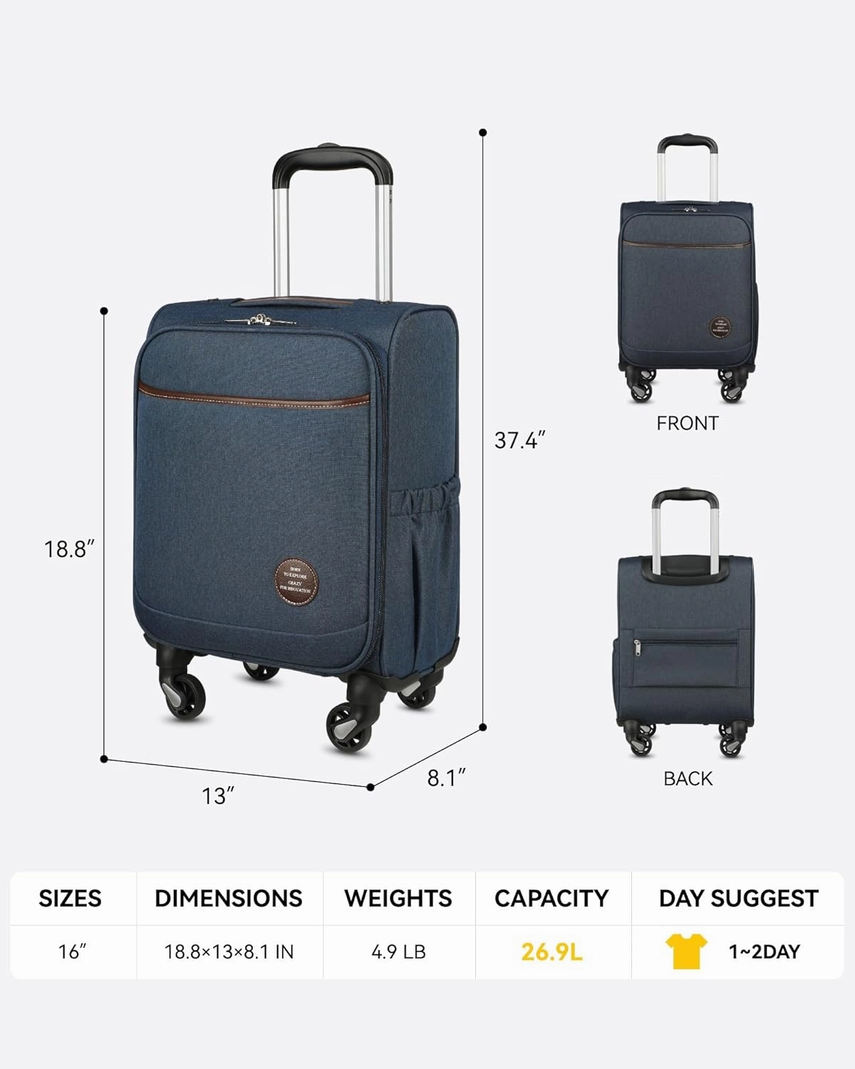 Small Carry On Luggage with Wheels, 16 Inch Lightweight Luggage with Front Opening, Soft Sided Rolling Travel Suitcase (Blue)