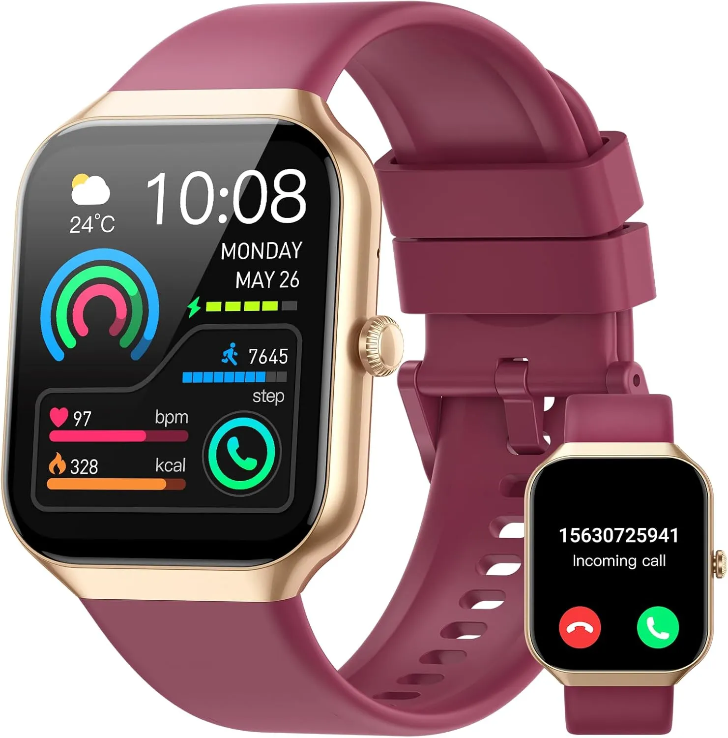 Smart Watch for Men Women (Answer/Make Call), 1.96"HD Smartwatch with Heart Rate/Sleep Monitor/Pedometer/Calories, 113  Sports Fitness Watch, IP68 Waterproof Activity Tracker for Android iOS Wine Red