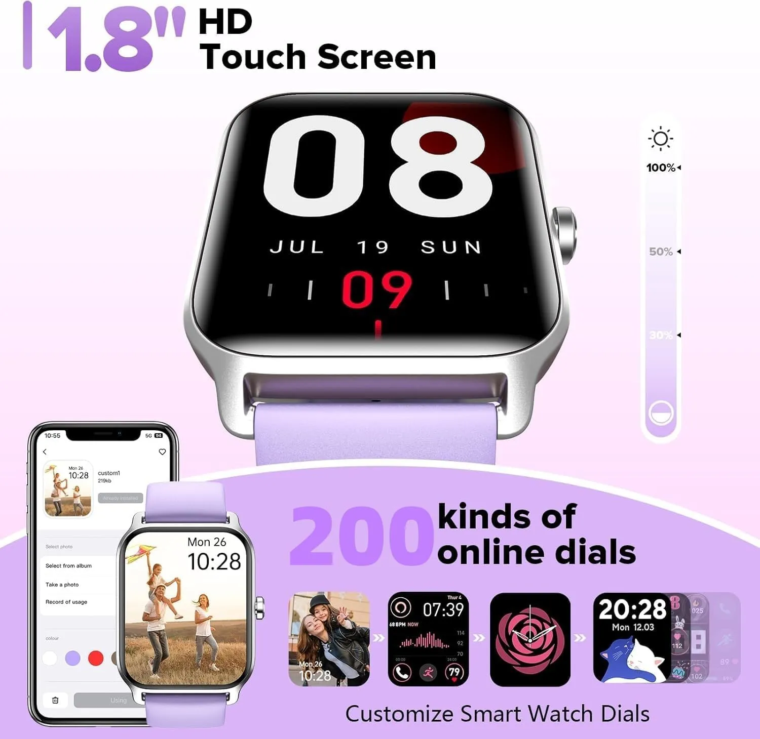 Smart Watch for Women Men, Smartwatch 1.8'' Alexa Fitness Tracker IP68 Waterproof Smart Watches for Women Compatible for Android & iOS with Bluetooth Calls, IP68 Heart Rate/Sleep/SpO2 Monitor, 110 