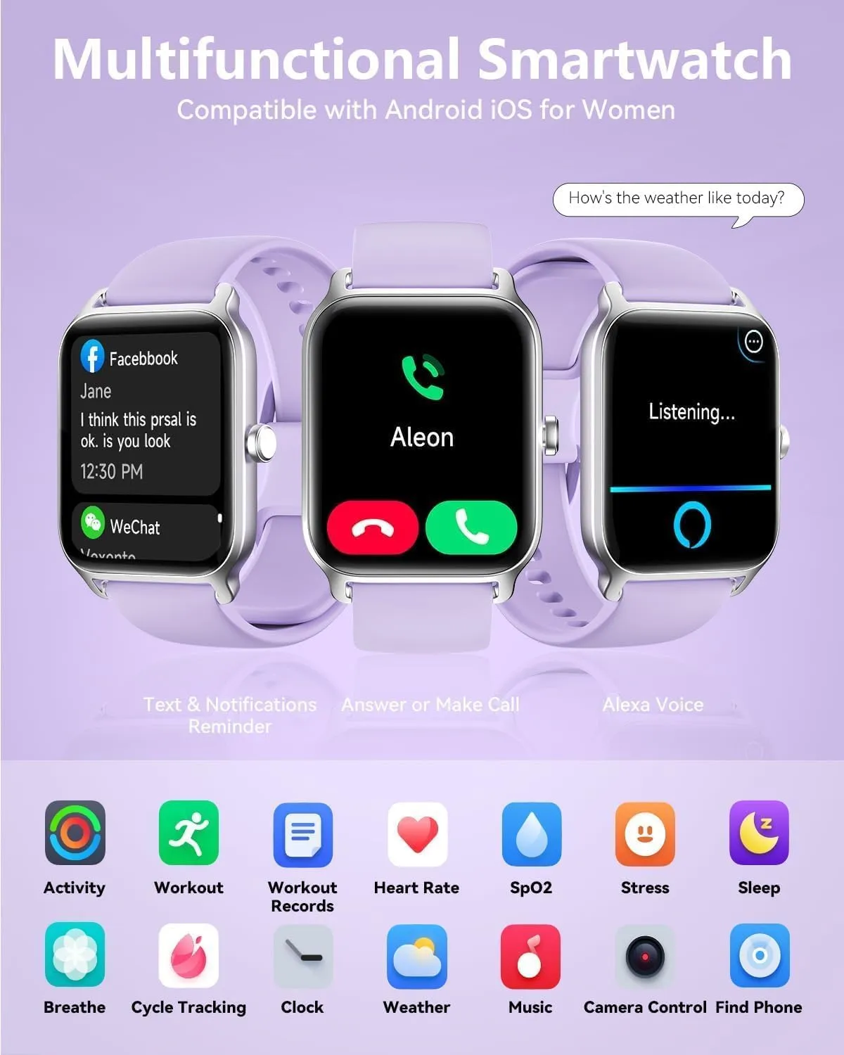 Smart Watch for Women Men, Smartwatch 1.8'' Alexa Fitness Tracker IP68 Waterproof Smart Watches for Women Compatible for Android & iOS with Bluetooth Calls, IP68 Heart Rate/Sleep/SpO2 Monitor, 110 