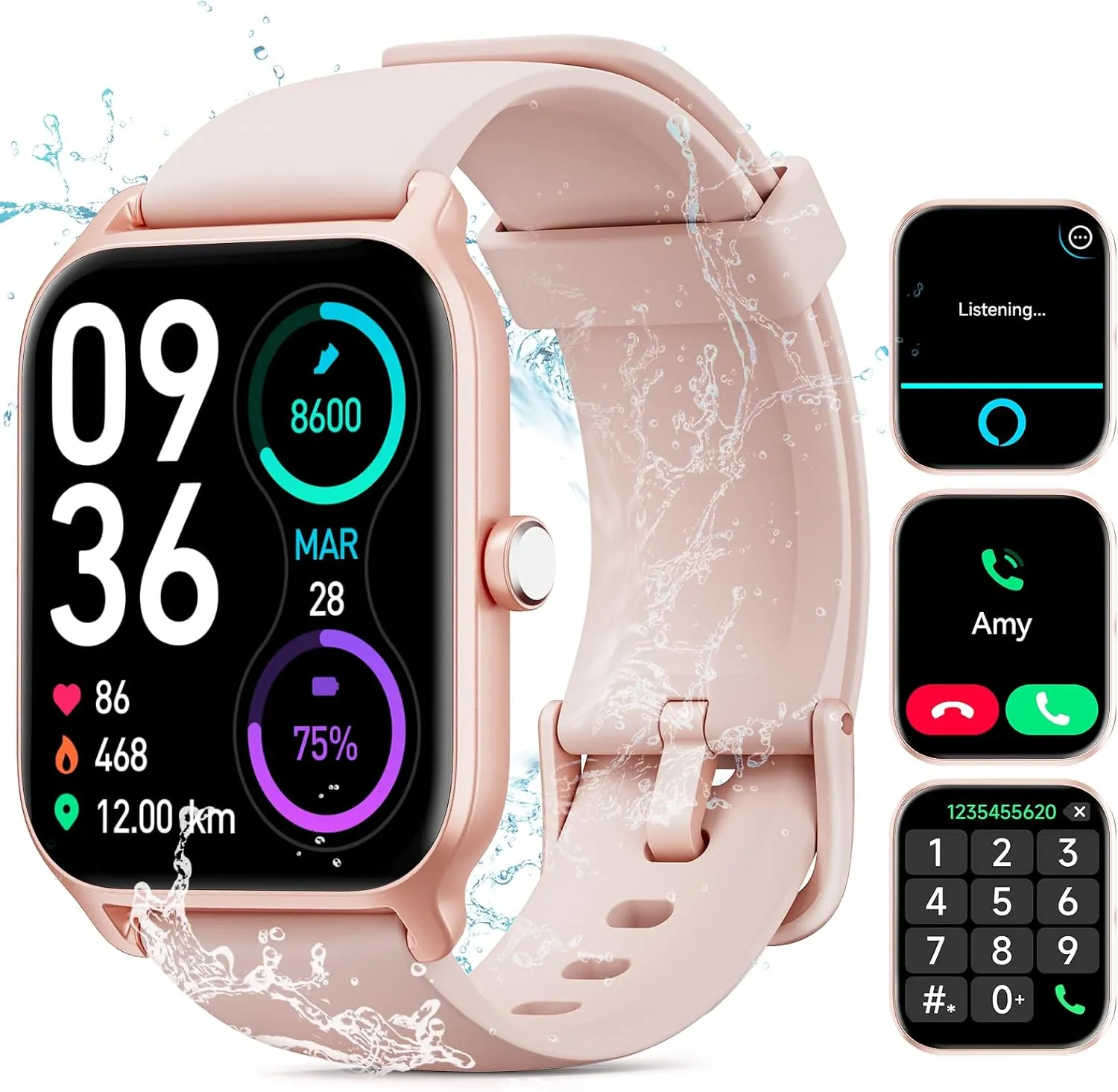 Smart Watch for Women Men, Smartwatch 1.8'' Alexa Fitness Tracker IP68 Waterproof Smart Watches for Women Compatible for Android & iOS with Bluetooth Calls, IP68 Heart Rate/Sleep/SpO2 Monitor, 110 