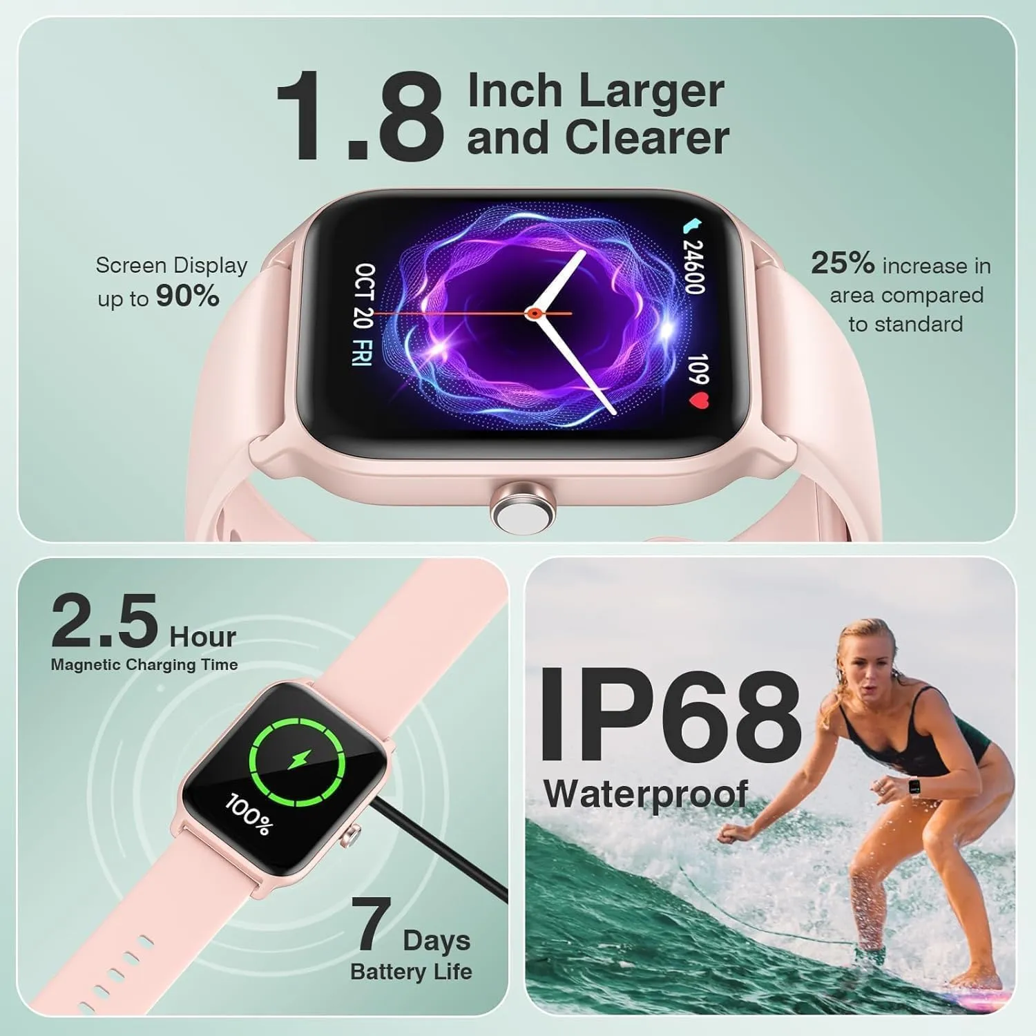 Smart Watch for Women Men, Smartwatch 1.8'' Alexa Fitness Tracker IP68 Waterproof Smart Watches for Women Compatible for Android & iOS with Bluetooth Calls, IP68 Heart Rate/Sleep/SpO2 Monitor, 110 