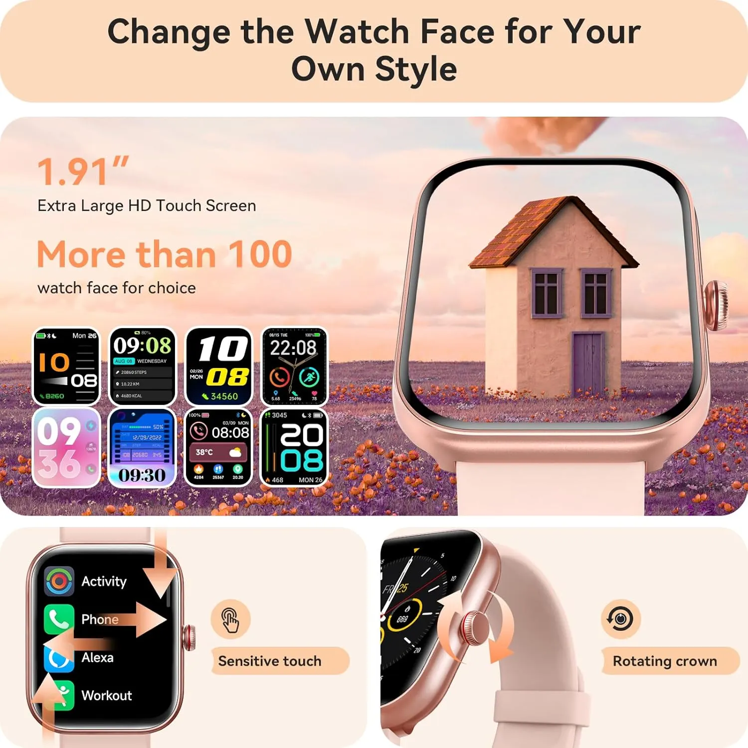 Smart Watch for Women, Smartwatch for iPhone & Android Bluetooth (Answer/Call) Built-in Alexa, 1.91" HD Fitness Tracker with 105  Sport Modes, IP68 Waterproof, Sleep/Heart Rate/SpO2/Stress Monitor