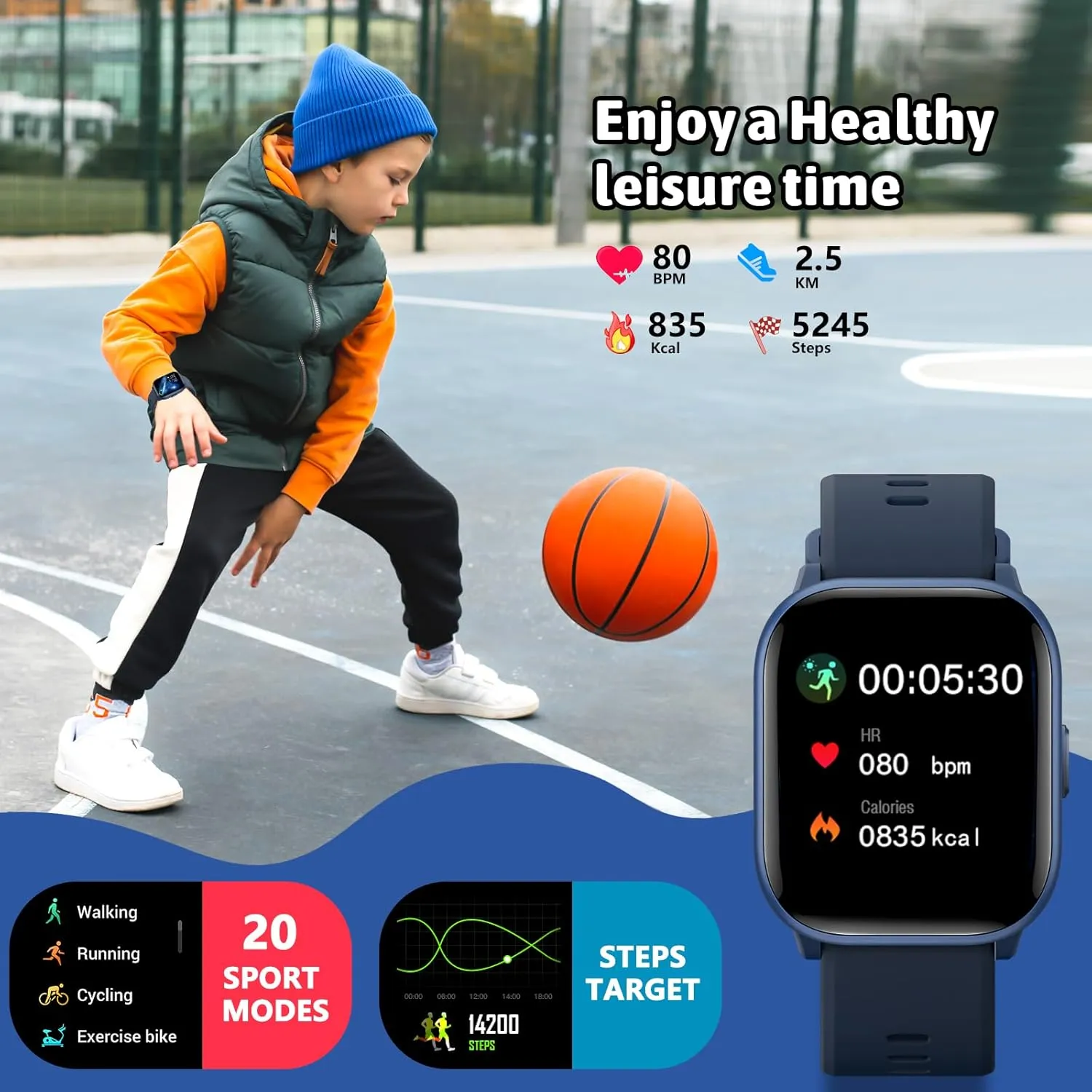 SmartWatch for Kids,Kids Watch Girls Boys Watch with 20 Sport Modes, Pedometer, Sleep Monitor, Kids Sport Watches Birthday Gifts Toy Gift for Girls Boys 6-16 (Blue)
