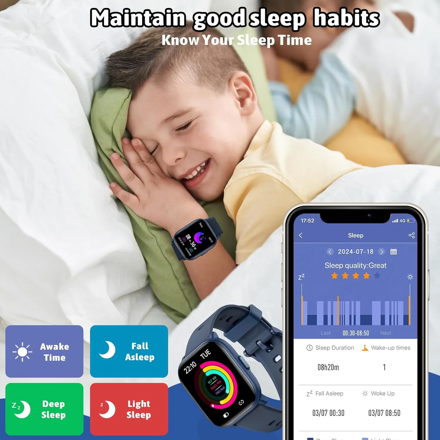 SmartWatch for Kids,Kids Watch Girls Boys Watch with 20 Sport Modes, Pedometer, Sleep Monitor, Kids Sport Watches Birthday Gifts Toy Gift for Girls Boys 6-16 (Blue)