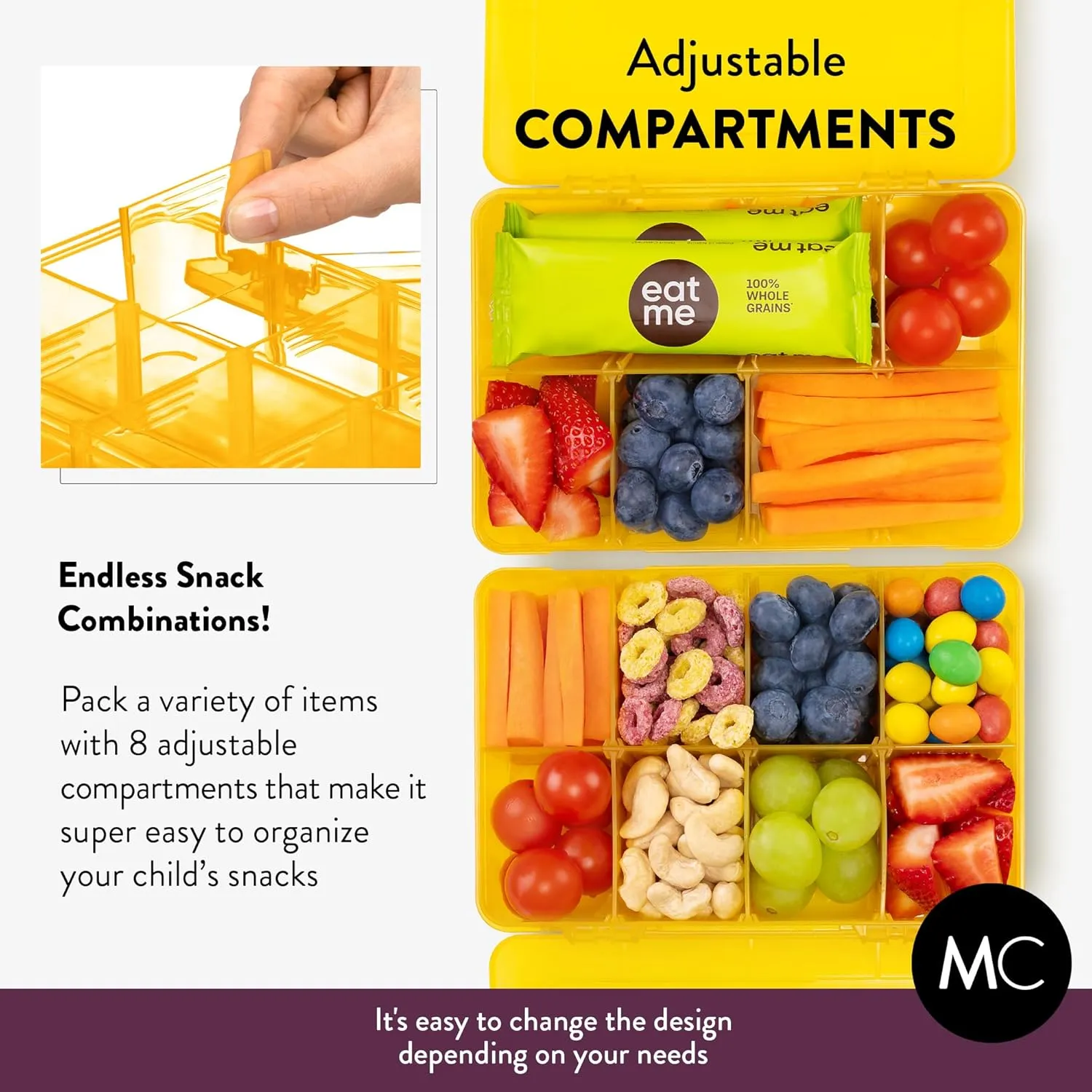 Snack Box Containers Set of 2-Reusable,100 Dissolvable Labels, 8 Adjustable Compartments, Dishwasher Safe, BPA-Free, Meal Prep Container, PARENT TESTED PARENT APPROVED AWARD (2 Pack) (Yellow)