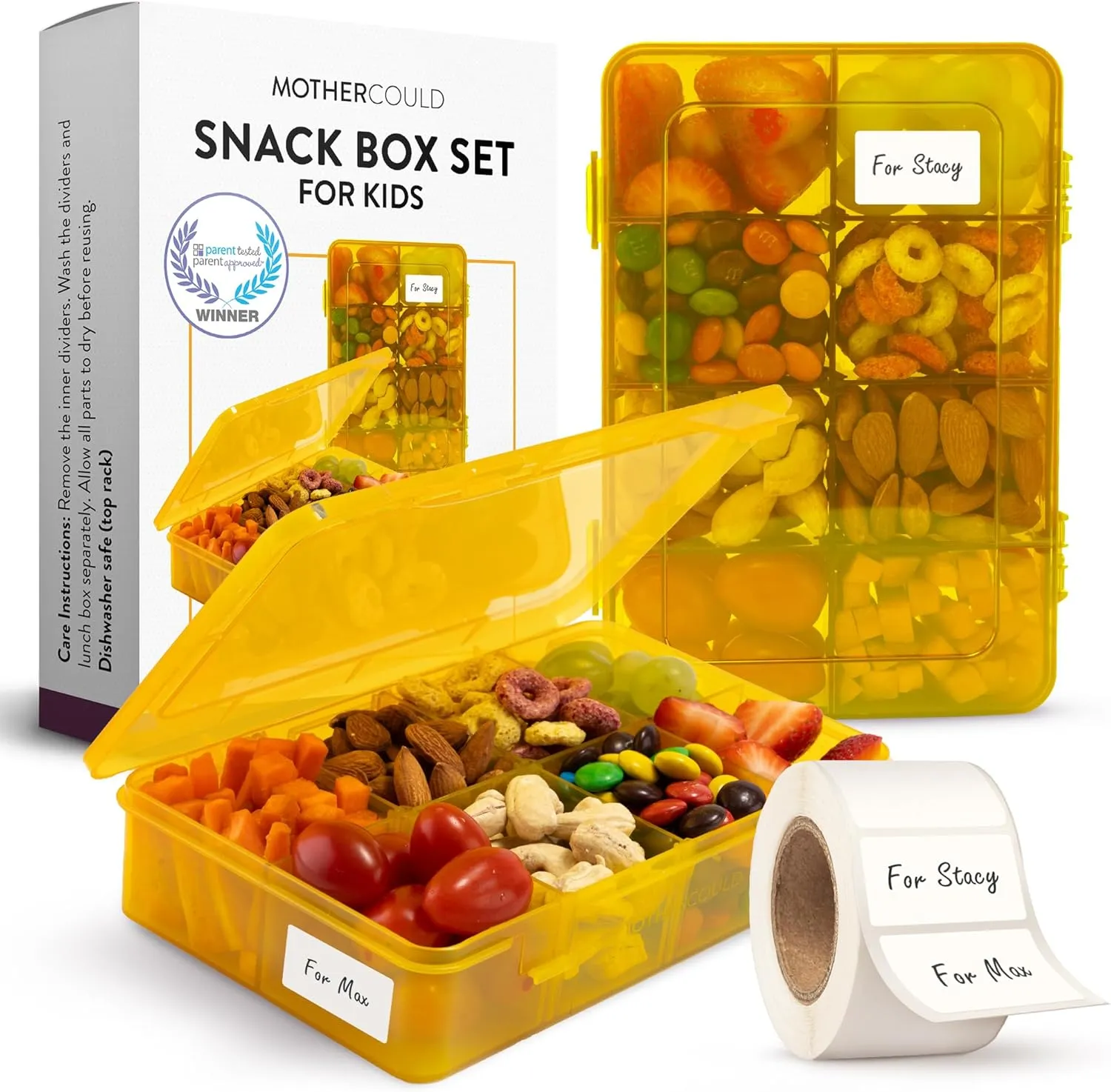 Snack Box Containers Set of 2-Reusable,100 Dissolvable Labels, 8 Adjustable Compartments, Dishwasher Safe, BPA-Free, Meal Prep Container, PARENT TESTED PARENT APPROVED AWARD (2 Pack) (Yellow)