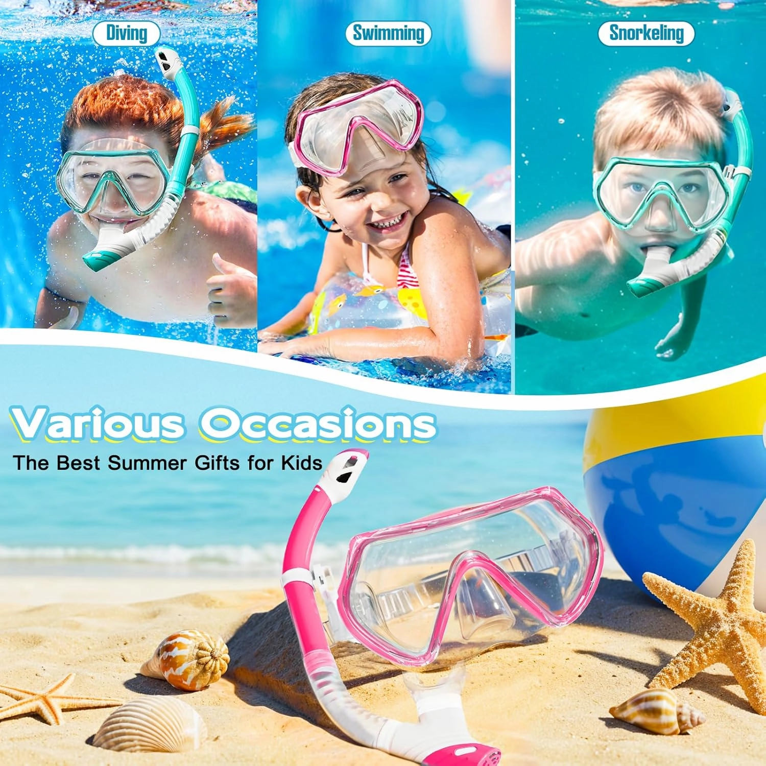Snorkeling Gear for Kids, Kids Snorkel Set for Ages 3-14, Anti-Fog Diving Mask and Dry Top Snorkel Combo Set, Unisex Swimming Goggles