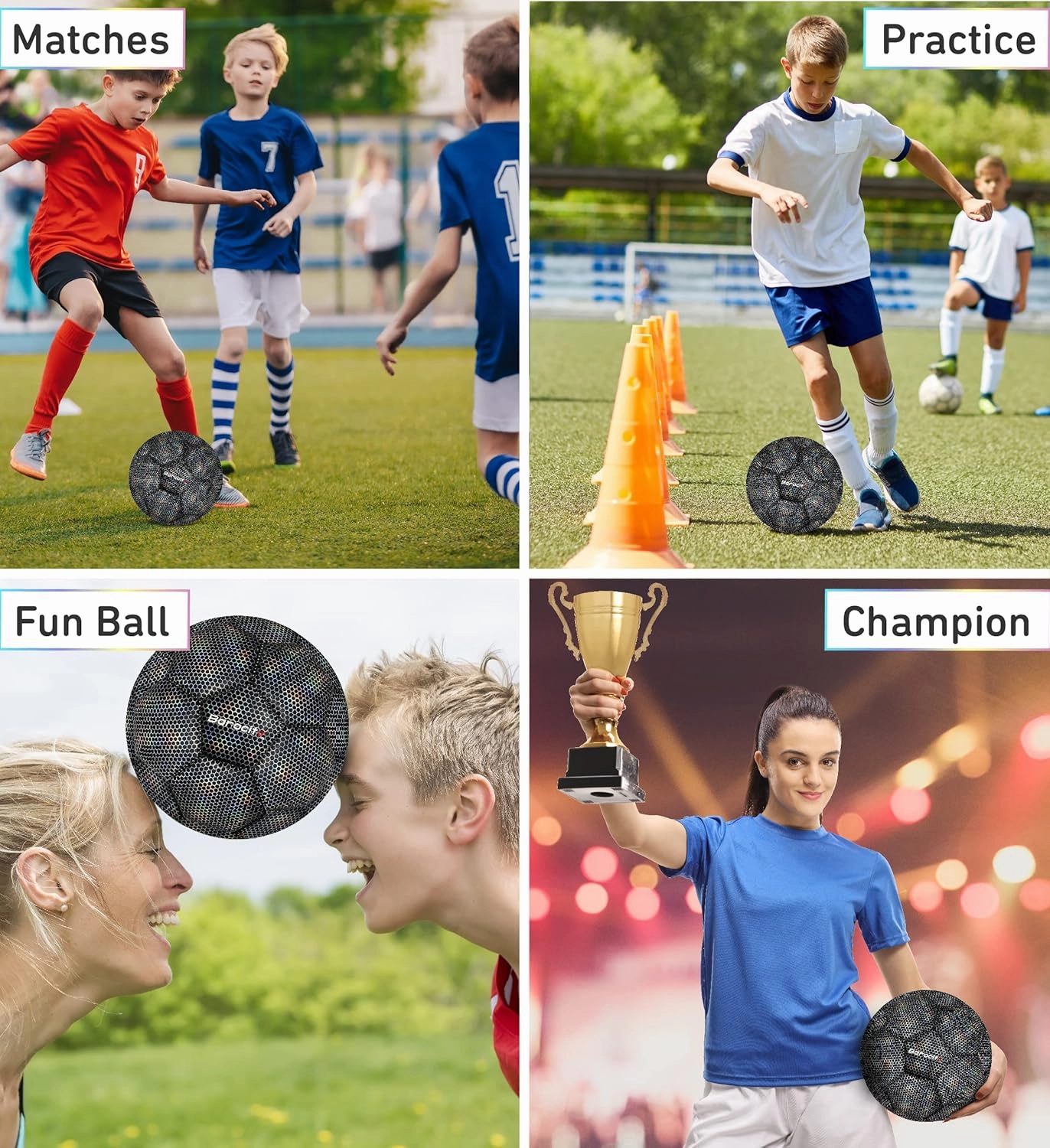 Soccer Ball - Premium Boy and Girl Official Match Ball with Cool Reflective Iridescent Rainbow Hex Pattern, Durable, Indoor, Outdoor, Training, Practice, Playtime and Games