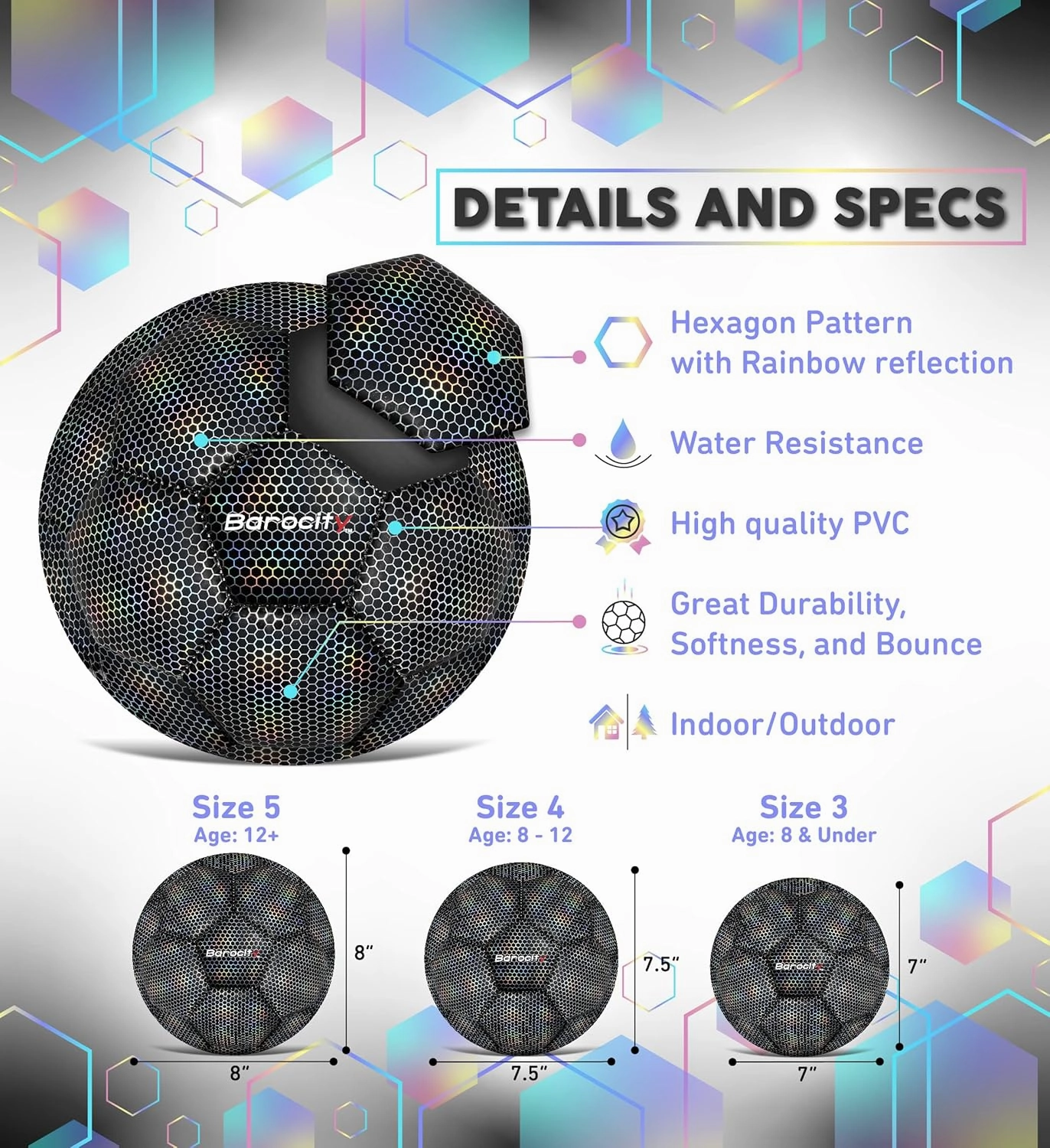 Soccer Ball - Premium Boy and Girl Official Match Ball with Cool Reflective Iridescent Rainbow Hex Pattern, Durable, Indoor, Outdoor, Training, Practice, Playtime and Games