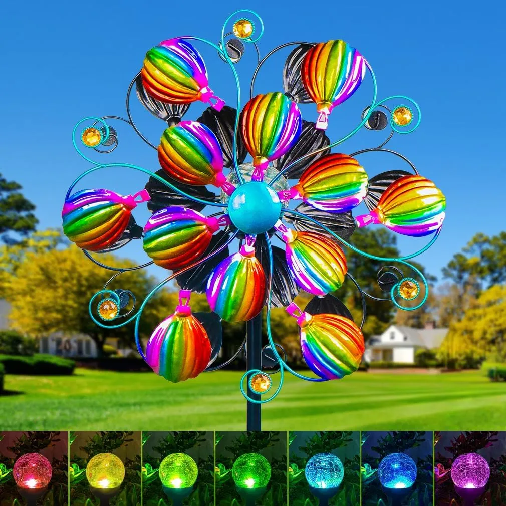 Solar Wind Spinners for Yard and Garden- 58.2 Inch Metal Wind Sculptures Outdoor Clearance Kinetic Windmills with Multi Color Led Glass Ball