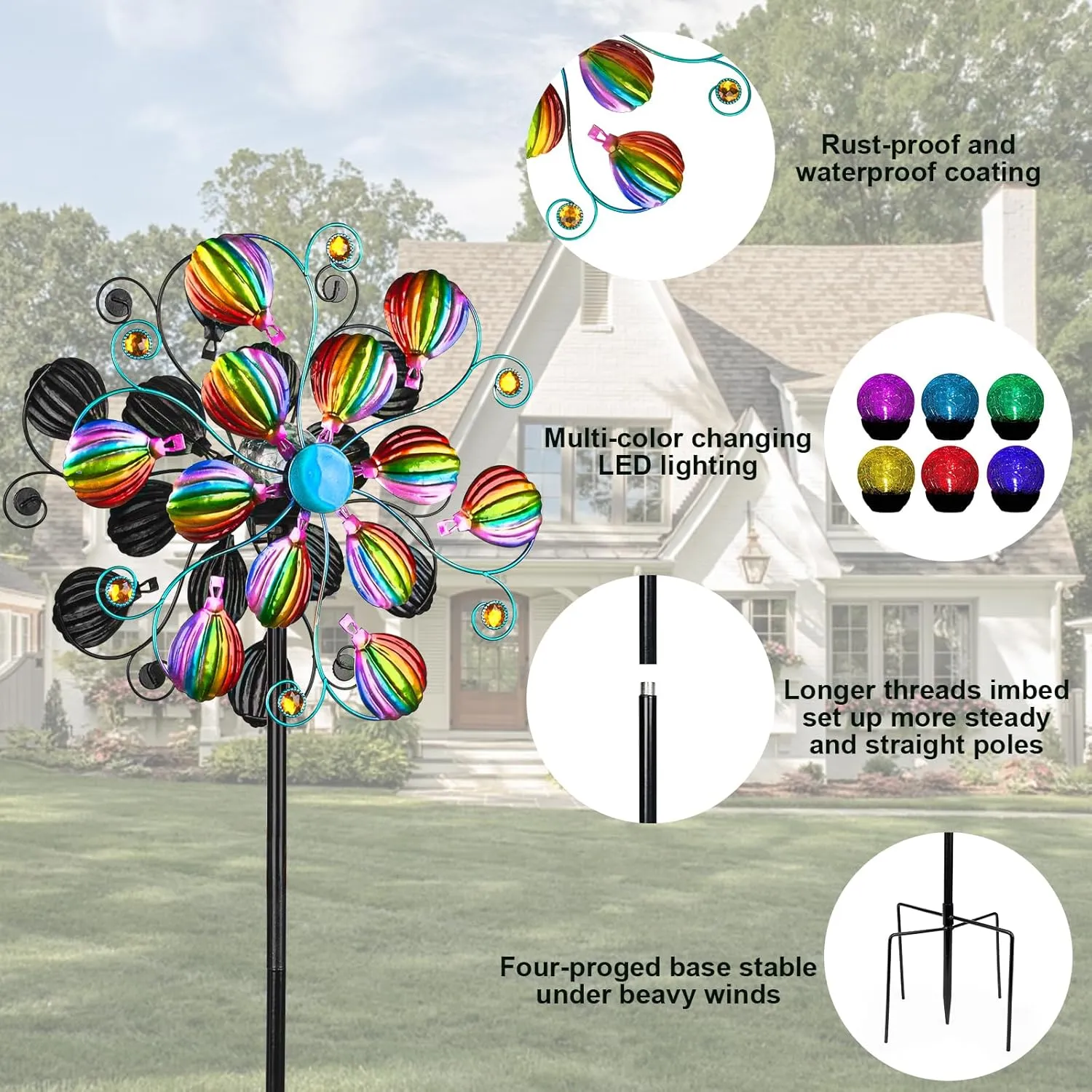 Solar Wind Spinners for Yard and Garden- 58.2 Inch Metal Wind Sculptures Outdoor Clearance Kinetic Windmills with Multi Color Led Glass Ball