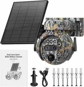 Solar Camouflage Trail Camera, 6Mp Hd Outdoor WiFi, 12X Zoom, 360° View, Wireless Surveillance, Night Vision, Ip65 Waterproof