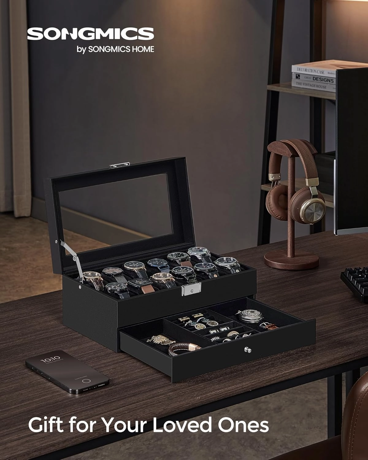 SONGMICS 12-Slot Watch Box, Lockable Watch Case with Glass Lid, 2 Layers, with 1 Drawer for Rings, Bracelets, Gift Idea, Black Synthetic Leather, Black Lining UJWB012B03