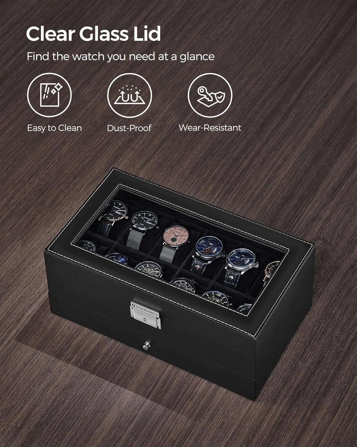 SONGMICS 12-Slot Watch Box, Lockable Watch Case with Glass Lid, 2 Layers, with 1 Drawer for Rings, Bracelets, Gift Idea, Black Synthetic Leather, Black Lining UJWB012B03
