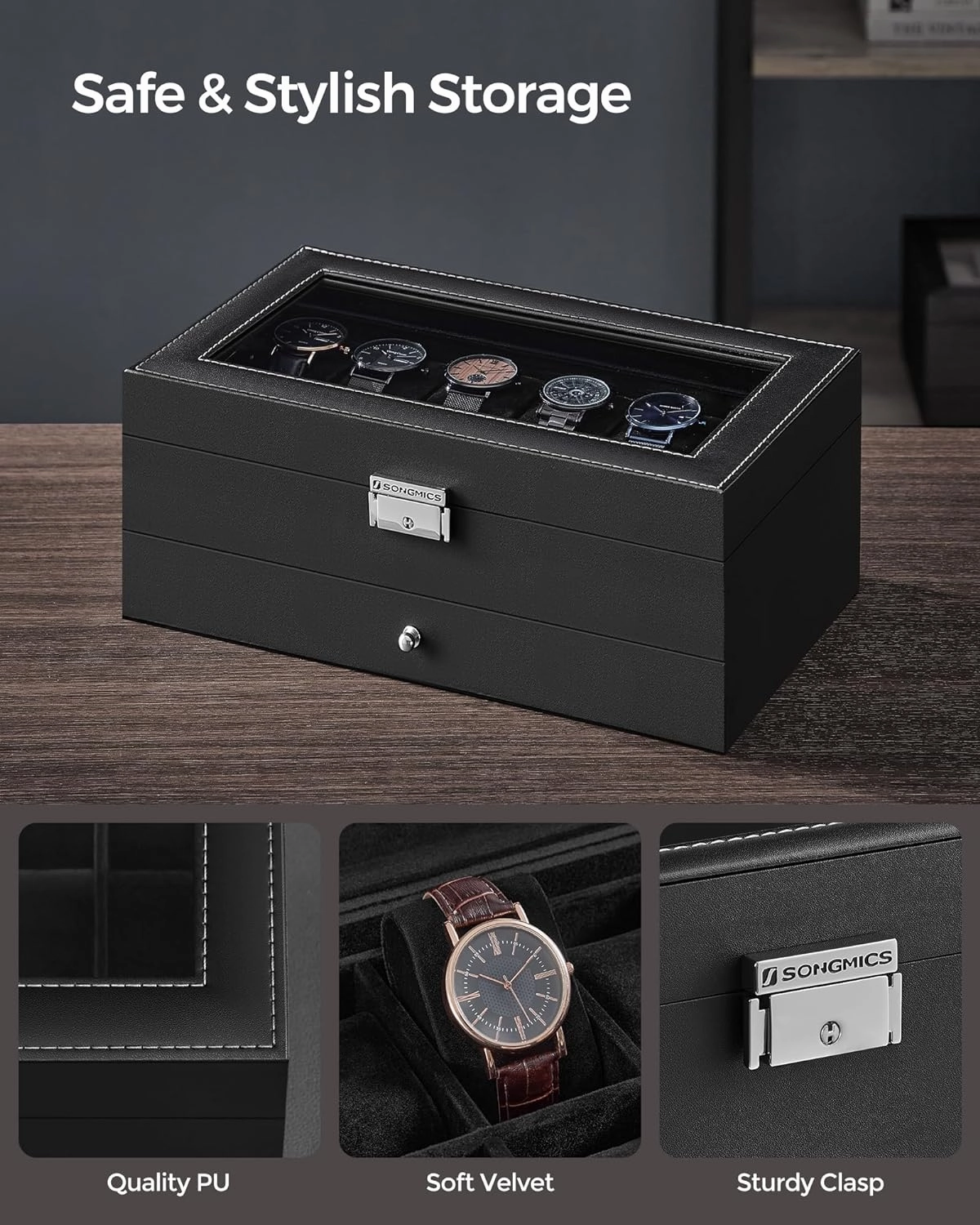 SONGMICS 12-Slot Watch Box, Lockable Watch Case with Glass Lid, 2 Layers, with 1 Drawer for Rings, Bracelets, Gift Idea, Black Synthetic Leather, Black Lining UJWB012B03