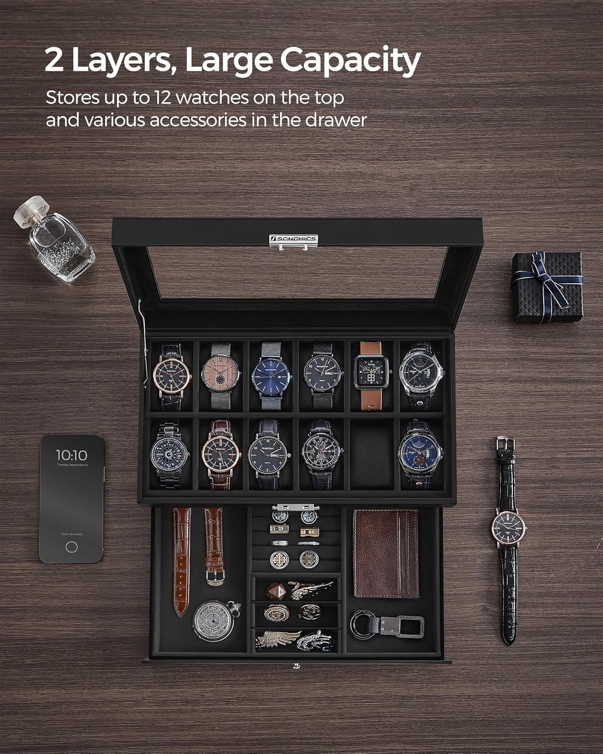 SONGMICS 12-Slot Watch Box, Lockable Watch Case with Glass Lid, 2 Layers, with 1 Drawer for Rings, Bracelets, Gift Idea, Black Synthetic Leather, Black Lining UJWB012B03