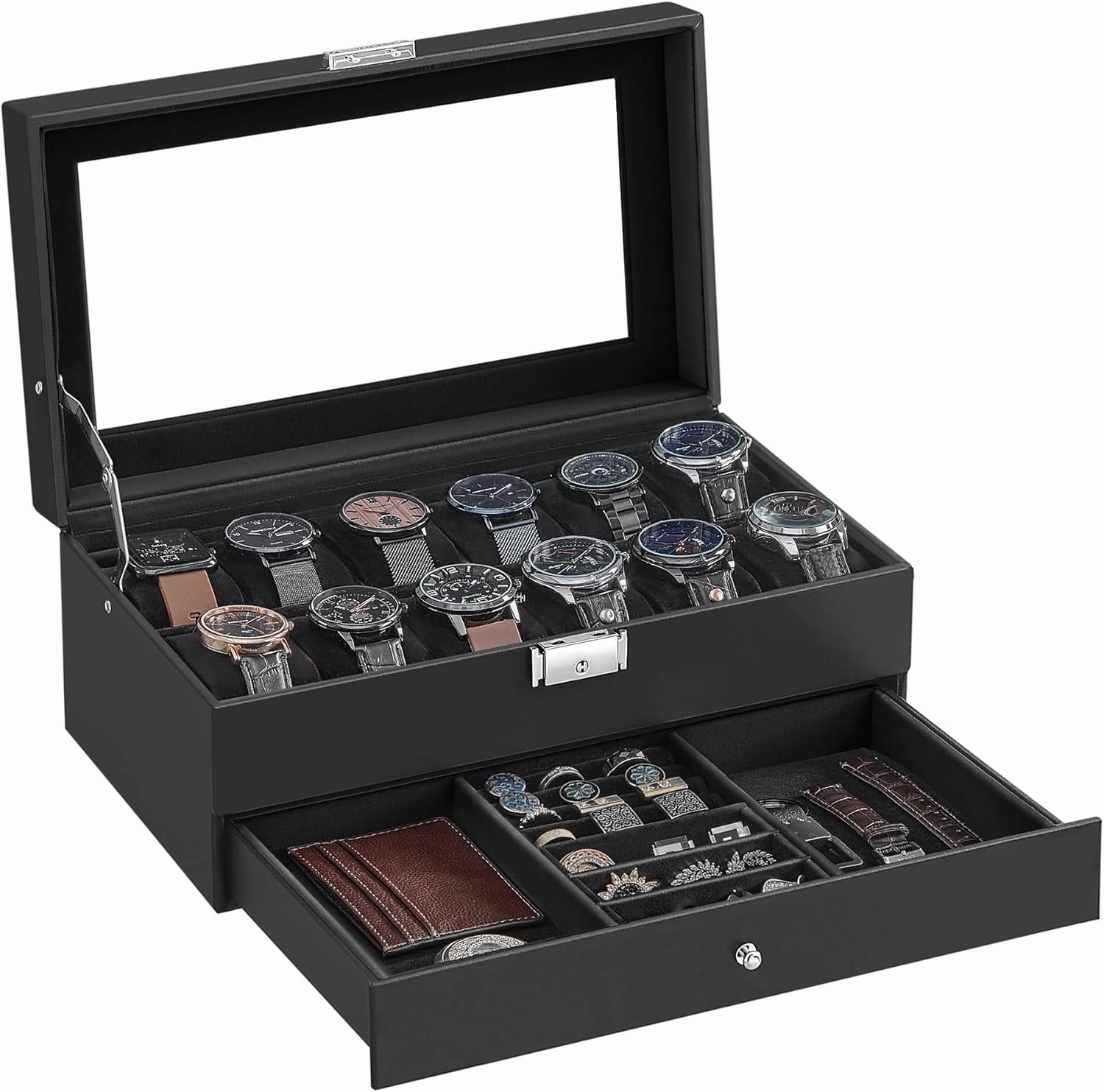 SONGMICS 12-Slot Watch Box, Lockable Watch Case with Glass Lid, 2 Layers, with 1 Drawer for Rings, Bracelets, Gift Idea, Black Synthetic Leather, Black Lining UJWB012B03