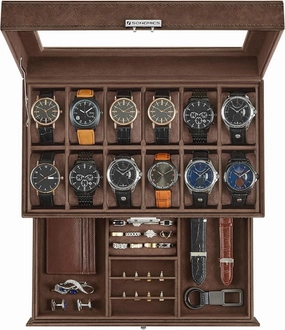 SONGMICS 12-Slot Watch Box, Lockable Watch Case with Glass Lid, 2 Layers, with 1 Drawer for Rings, Bracelets, Gift Idea, Brown Synthetic Leather, Brown Lining UJWB012K01