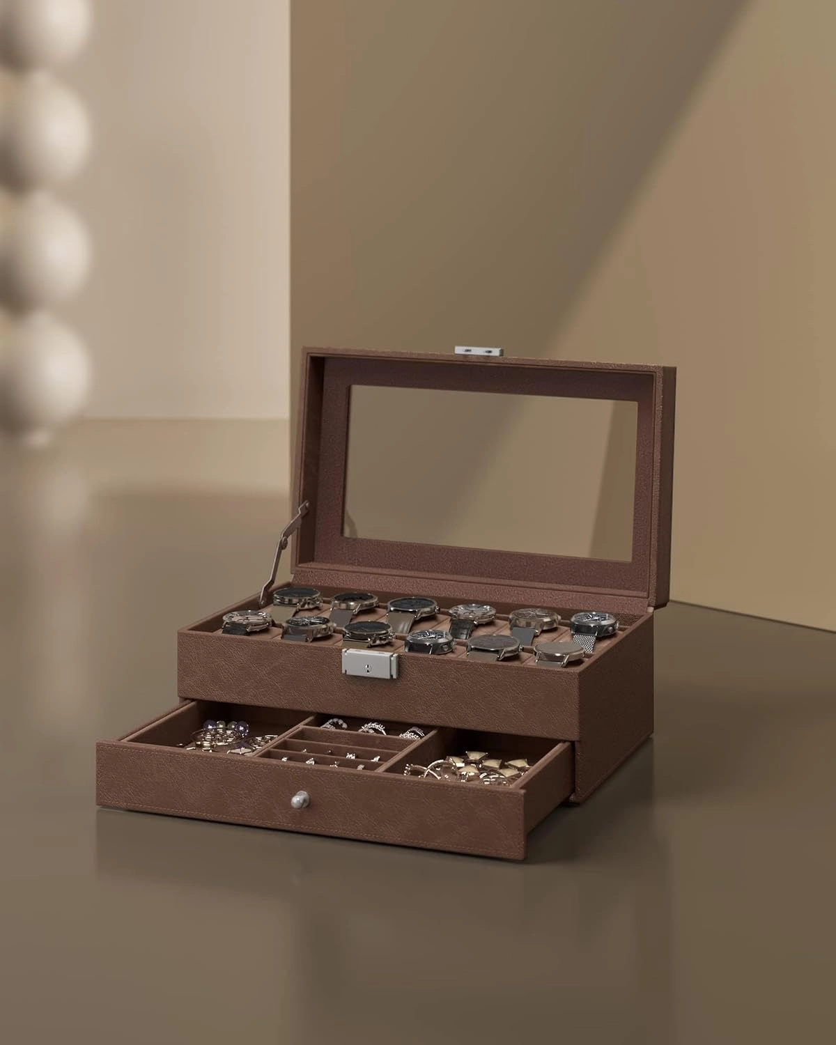 SONGMICS 12-Slot Watch Box, Lockable Watch Case with Glass Lid, 2 Layers, with 1 Drawer for Rings, Bracelets, Gift Idea, Brown Synthetic Leather, Brown Lining UJWB012K01