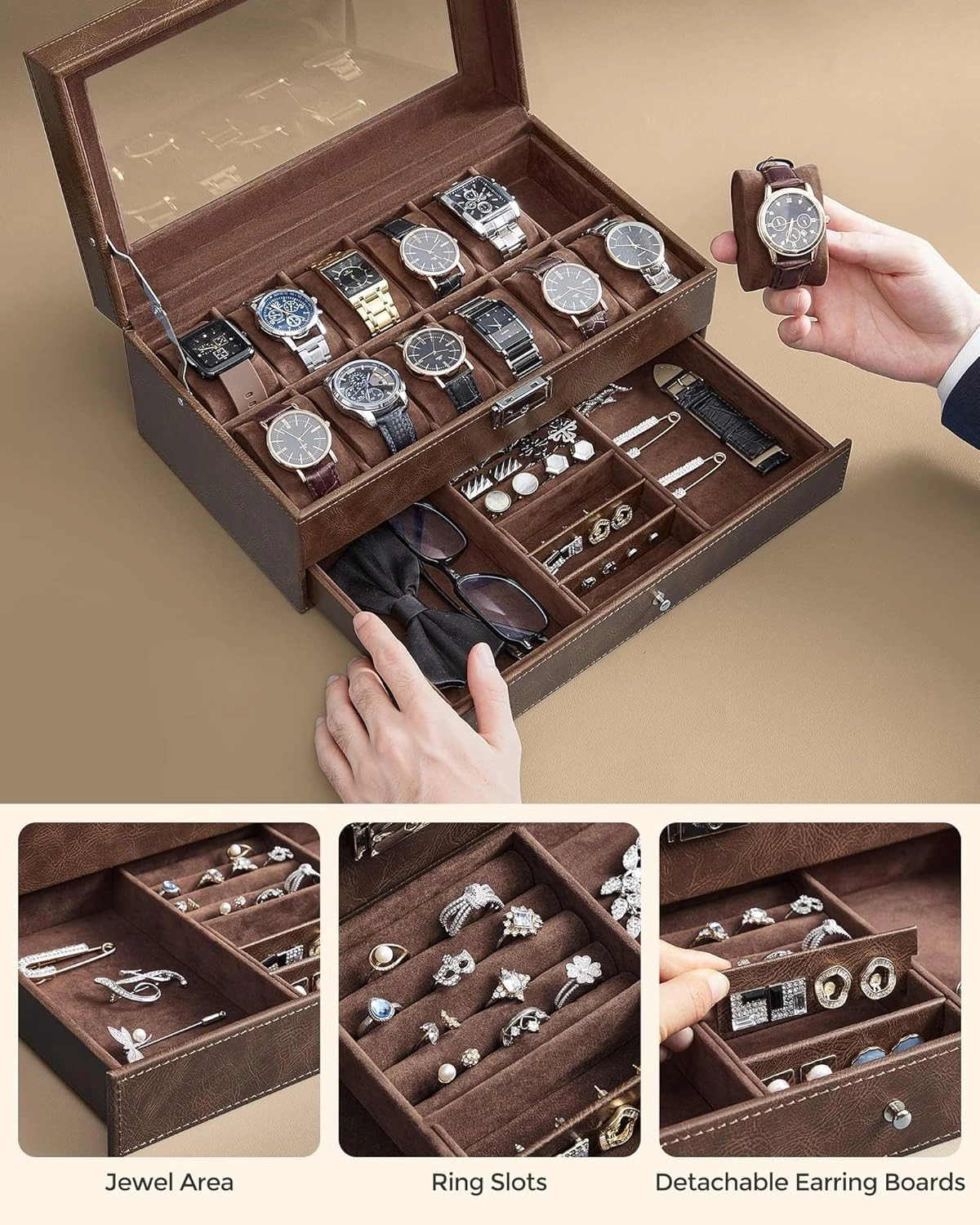 SONGMICS 12-Slot Watch Box, Lockable Watch Case with Glass Lid, 2 Layers, with 1 Drawer for Rings, Bracelets, Gift Idea, Brown Synthetic Leather, Brown Lining UJWB012K01