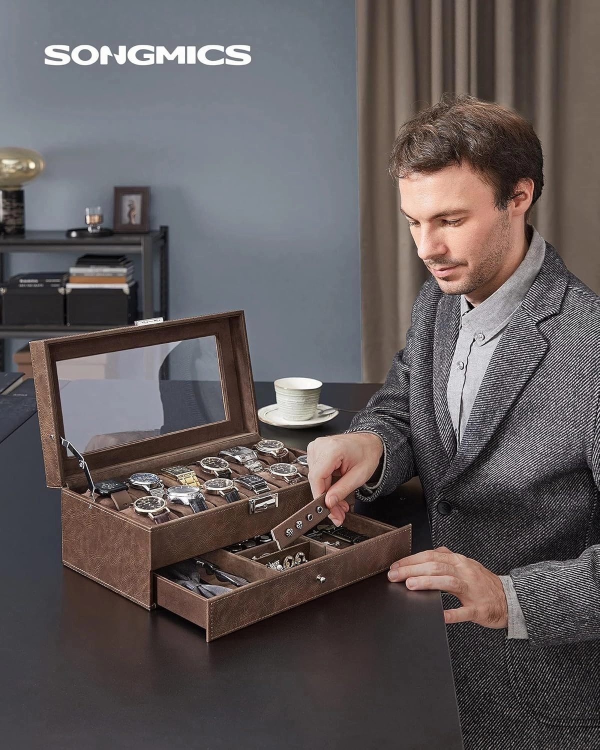 SONGMICS 12-Slot Watch Box, Lockable Watch Case with Glass Lid, 2 Layers, with 1 Drawer for Rings, Bracelets, Gift Idea, Brown Synthetic Leather, Brown Lining UJWB012K01